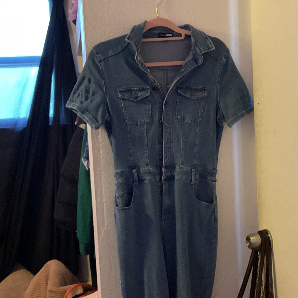 Fashion Nova Blue Button-Up Jumpsuit